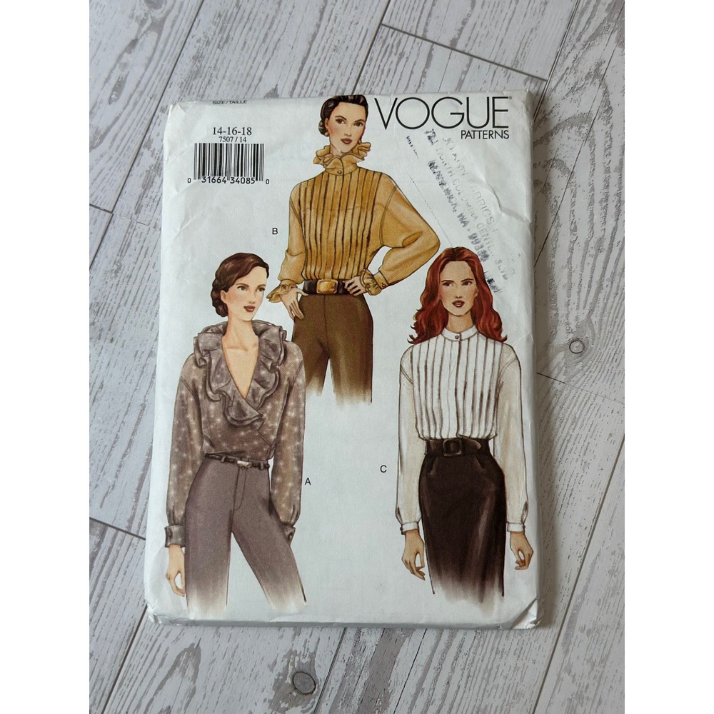 Vogue 7507 Sewing Pattern Misses 14-18 Ruffle Pleated Blouse Vintage 1990s
